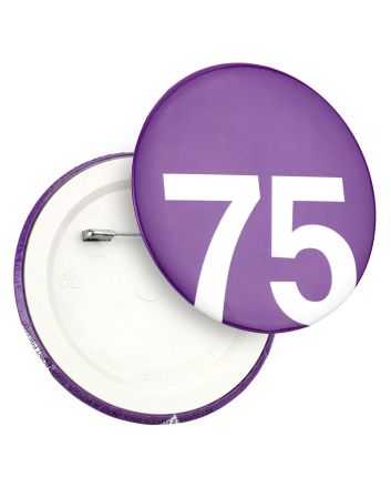 75mm Button Badge with Recycled Plastic Back - Pin Aligned Horizontally to Artwork
