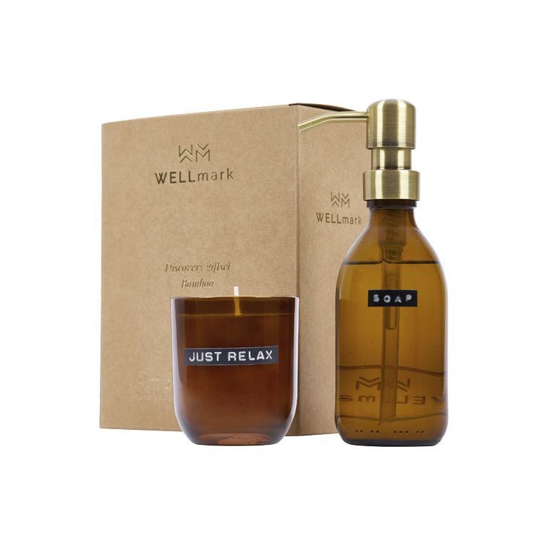 Wellmark Discovery 200 ml hand soap dispenser and 150 g scented candle set - bamboo fragrance
